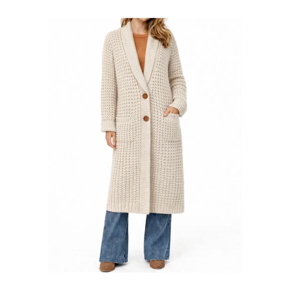 Vintage Sweaters - Vintage 70's Maxi Chunky Knit Mohair Wool Cardigan Beige 2 Button Casual Sweater